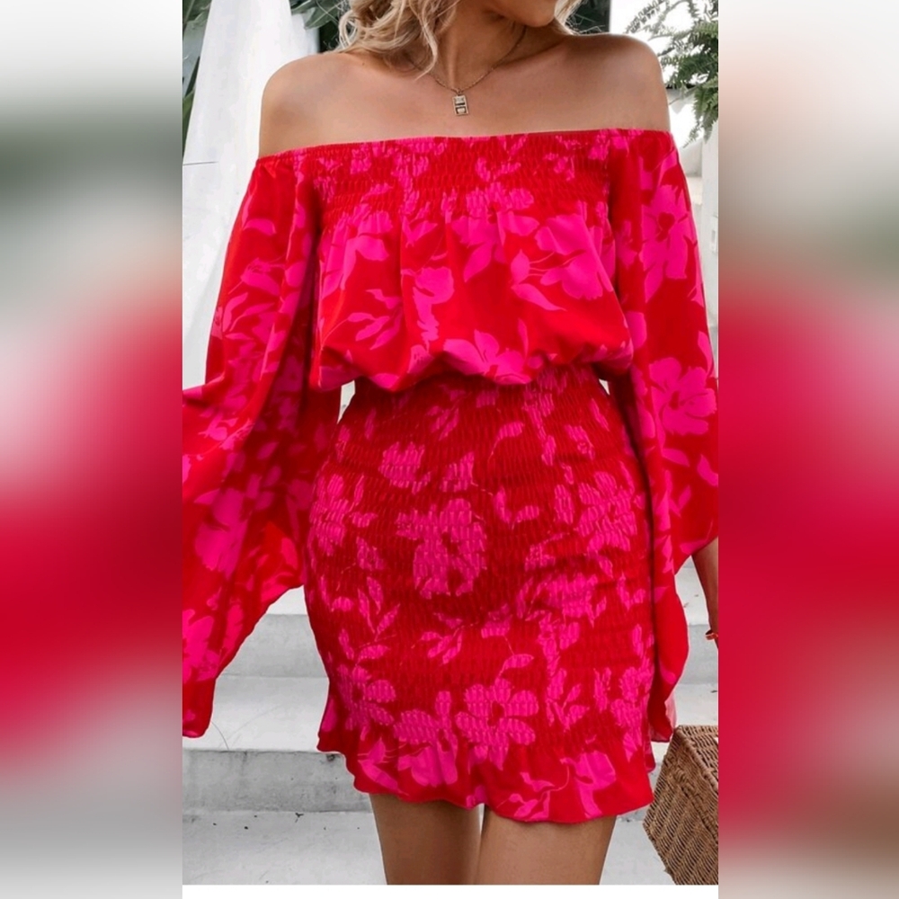 Off-Shoulder Red and Pink Floral Dress
